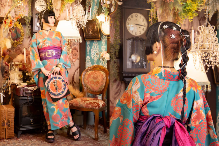 金魚×中華文様×小物でアバンギャルドに和洋中MIXな浴衣コーデ